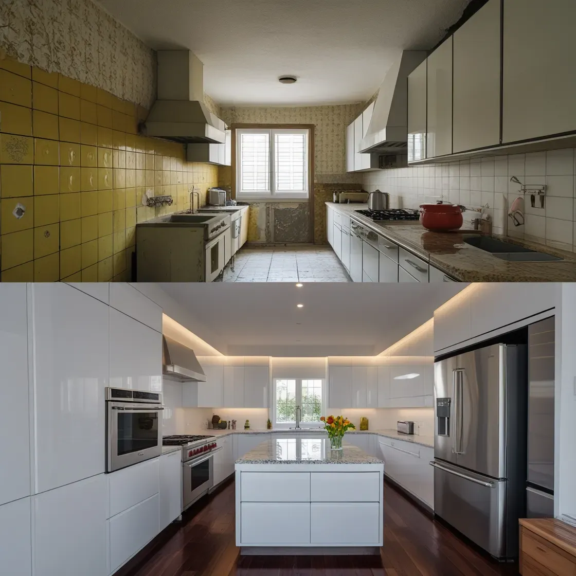 Antes y después de renovación completa de cocina en apartamento en Cali: transformación con nuevos acabados y mobiliario