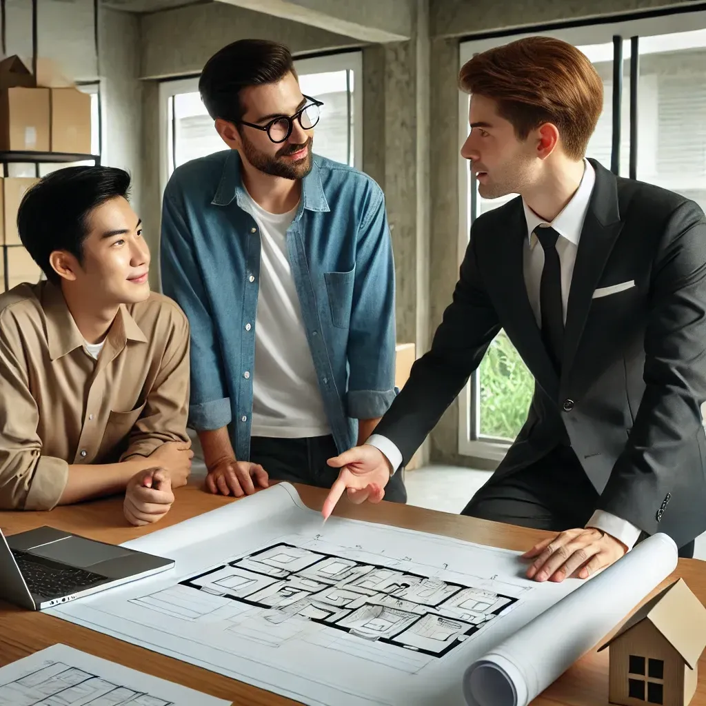 Arquitecto profesional explicando planos de vivienda a clientes en Cali: asesoría personalizada CAMARK Projects