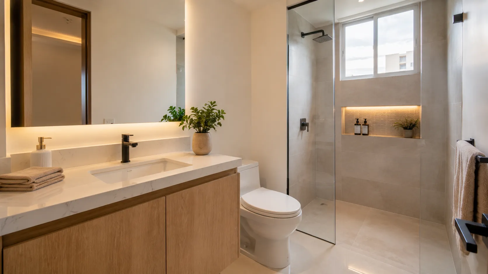 Baño con detalles cálidos en apartamento VIS Cali — CAMARK Projects