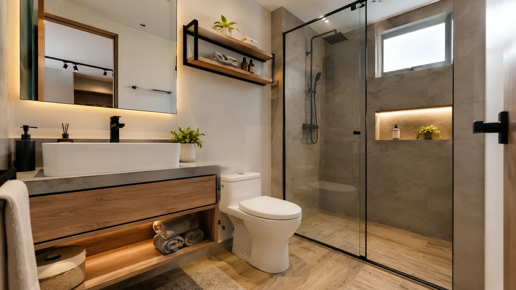 Baño moderno y minimalista con detalles elegantes — apartamento remodelado en Cali