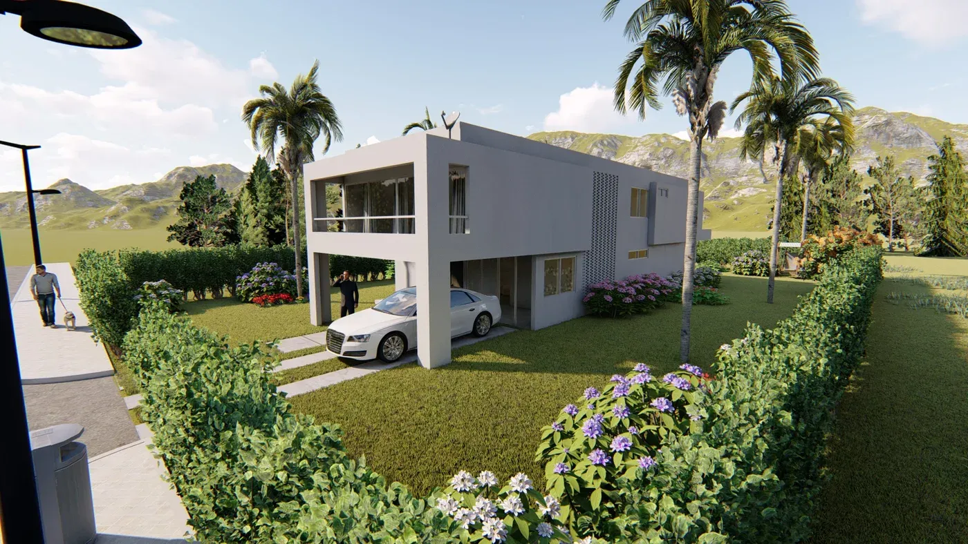 Fachada de casa campestre moderna en Sun Village, Potrerito Jamundí — diseño arquitectónico por CAMARK Projects