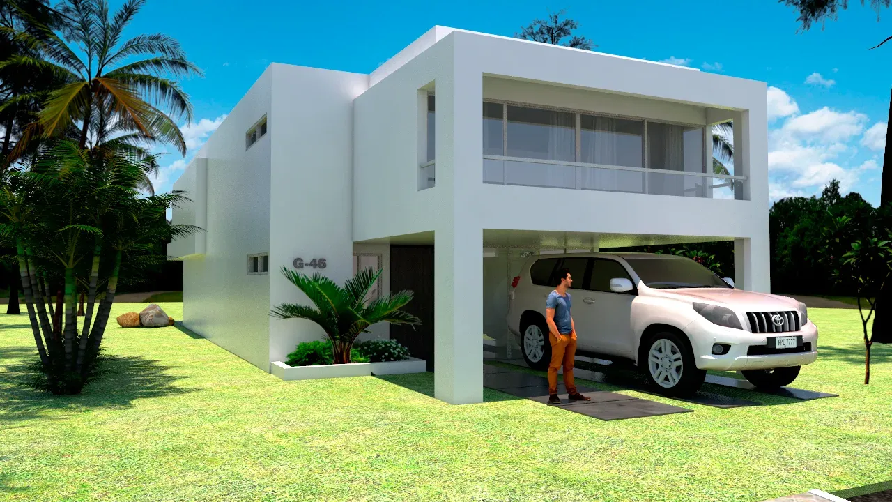 Fachada principal de vivienda campestre en Potrerito Jamundí — diseño de casa campestre moderna con acabados en piedra y madera