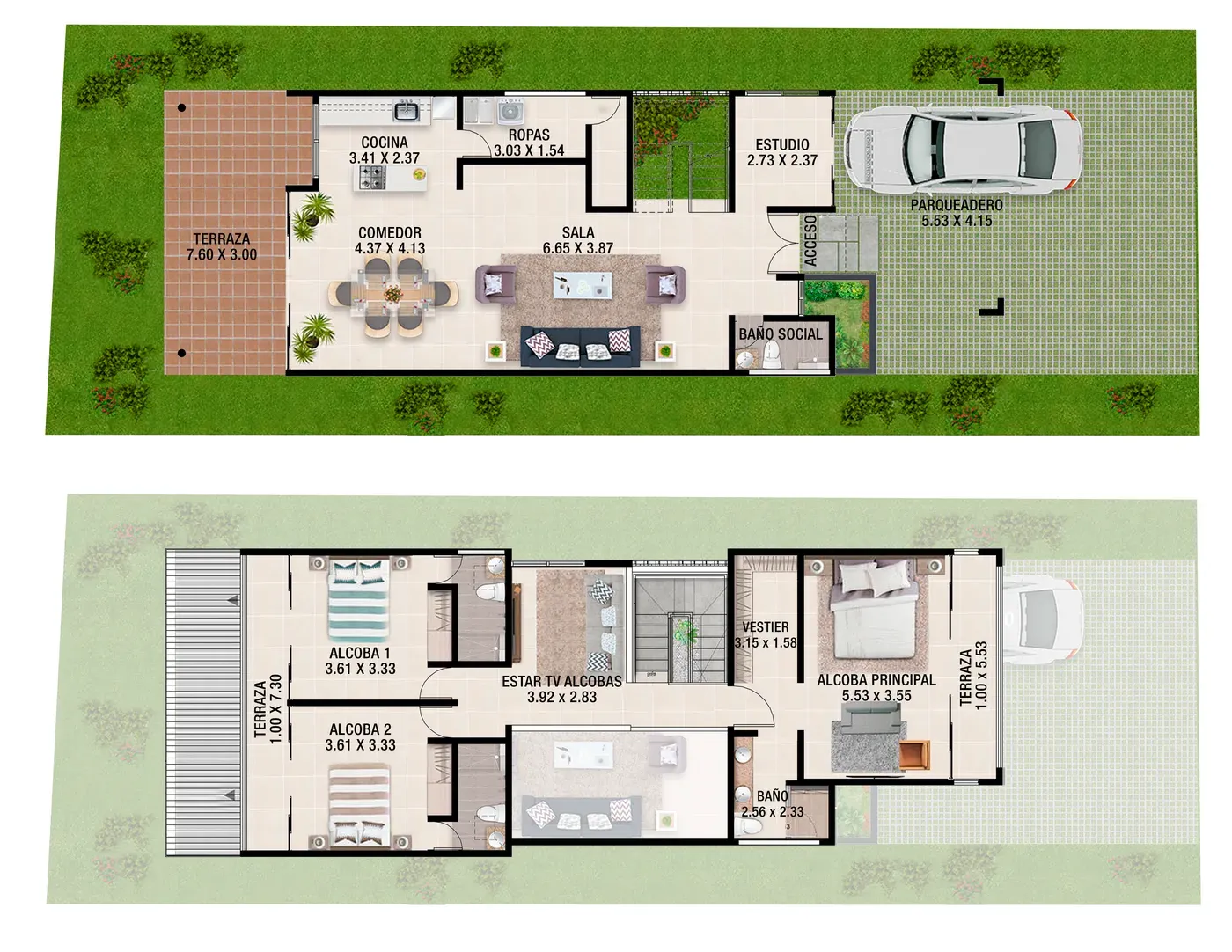 Planos arquitectónicos de casa campestre moderna en Jamundí — planta primer y segundo nivel, diseño de vivienda por CAMARK Projects
