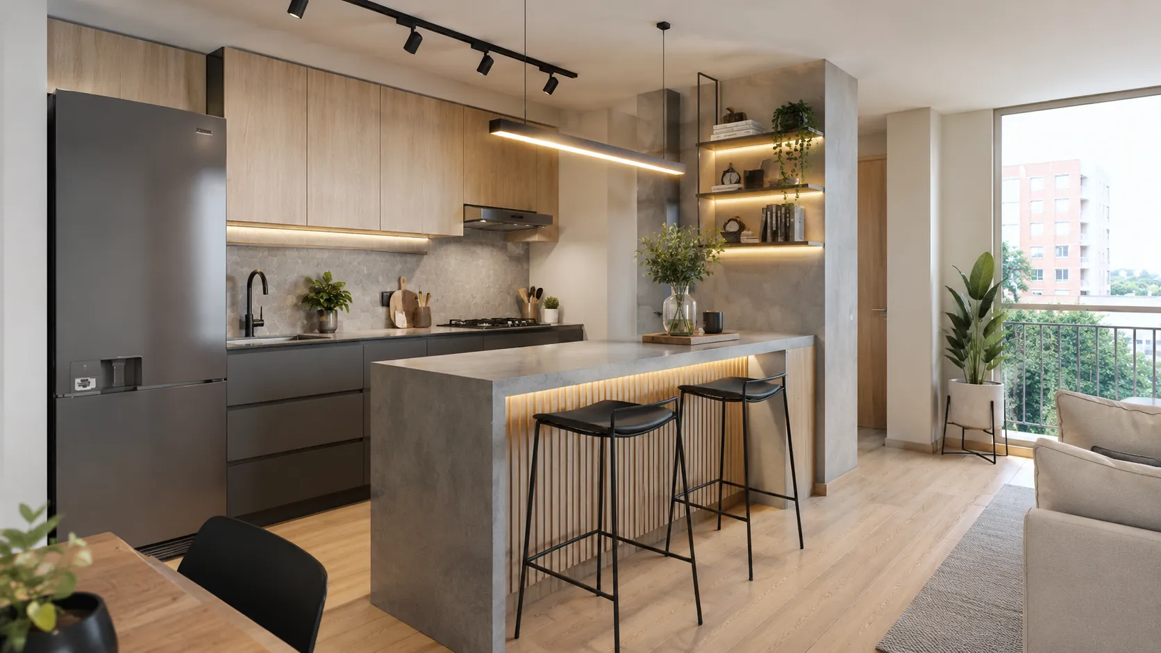 Cocina moderna con detalles escandinavos — apartamento remodelado en Cali por CAMARK Projects