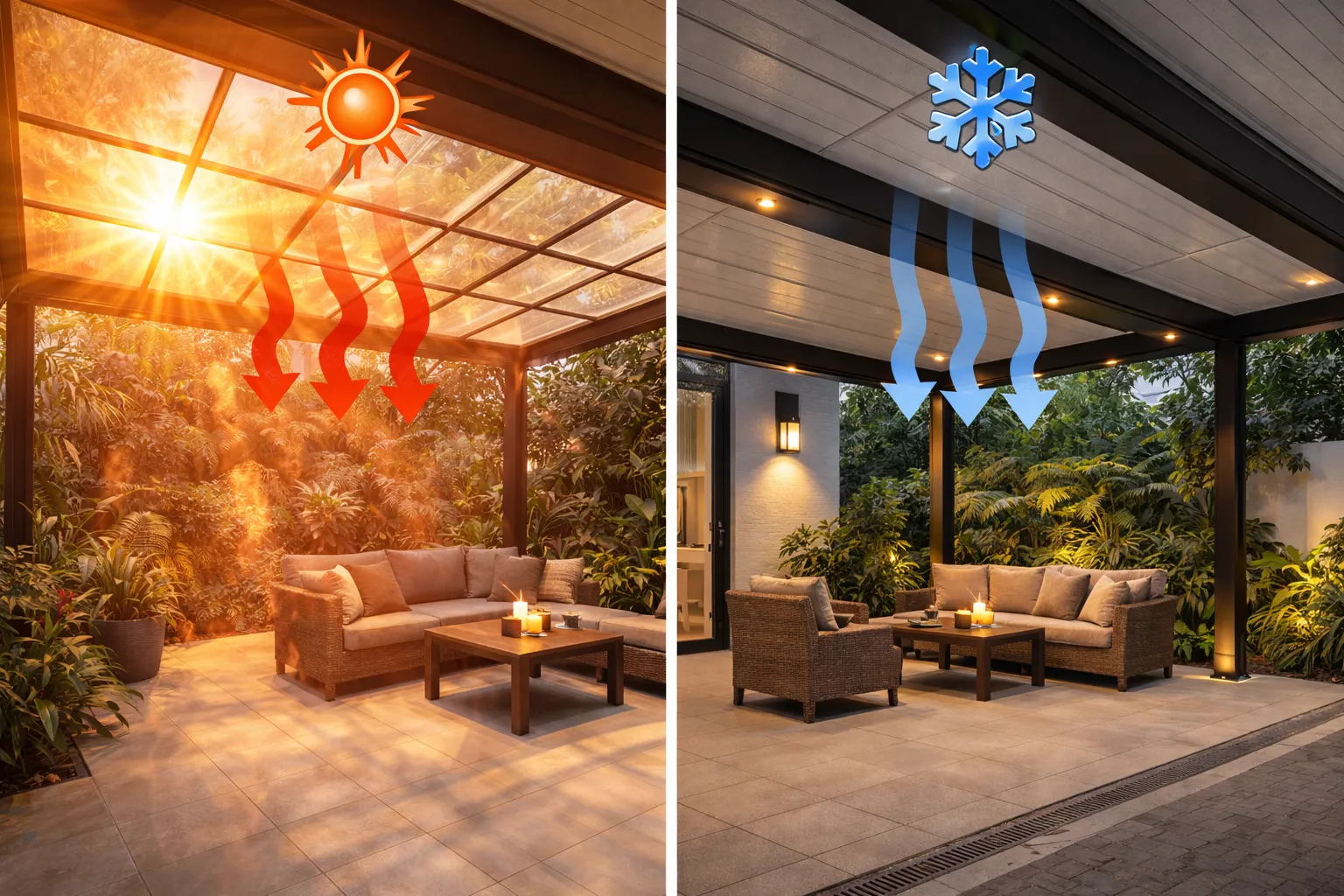 Comparativa visual policarbonato vs teja sándwich — diferencia de temperatura y durabilidad en climas tropicales como Cali y Jamundí