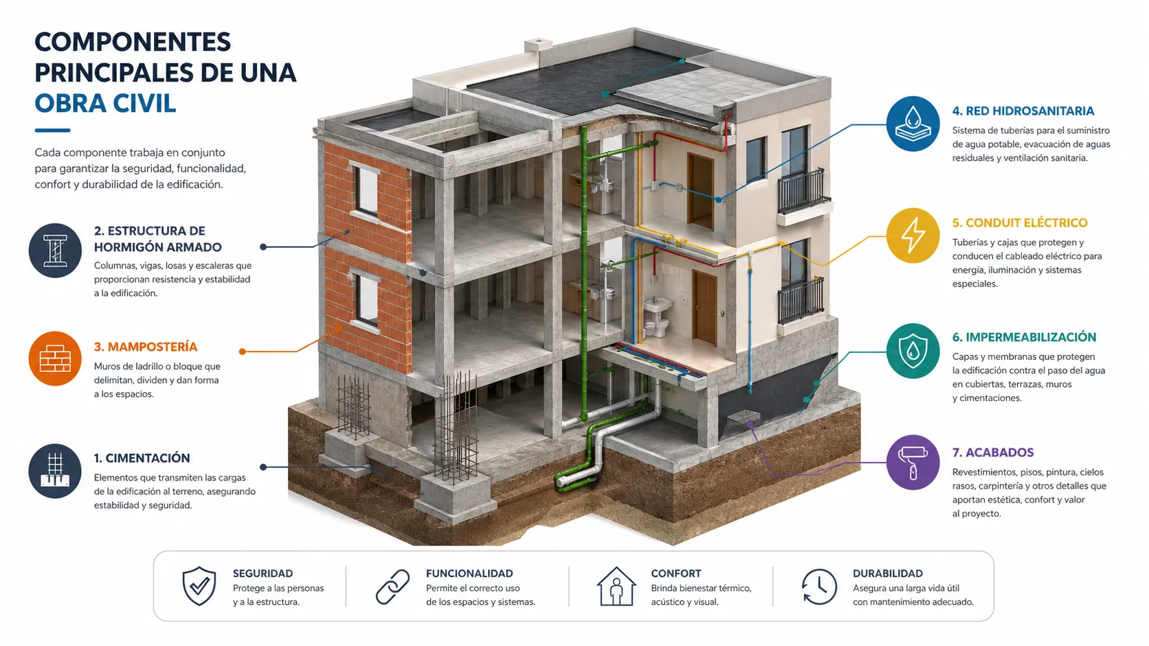 Infografía de los componentes principales de una obra civil: cimentación, estructura, mampostería, redes hidrosanitarias, conduit eléctrico, impermeabilización y acabados
