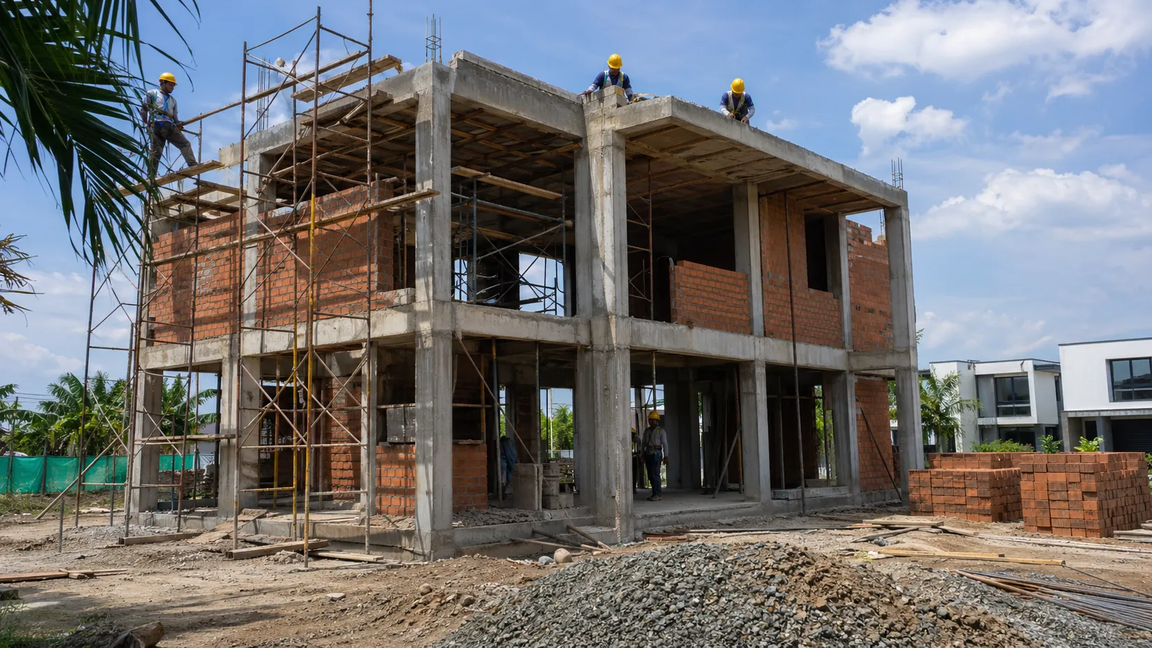 Construcción residencial en Cali con estructura en concreto reforzado, andamios y mampostería en proceso de obra civil