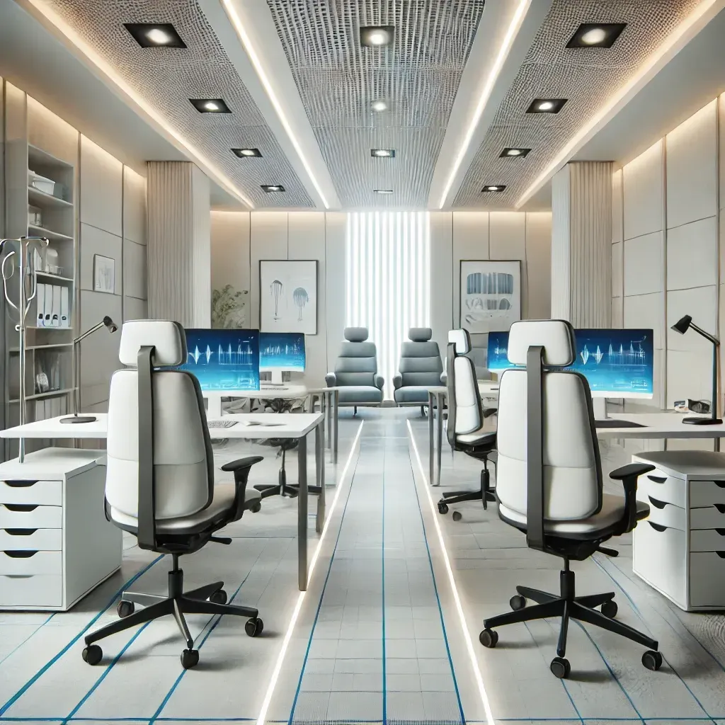 Diseño interior moderno de consultorio médico en Cali con iluminación estratégica y materiales de calidad clínica