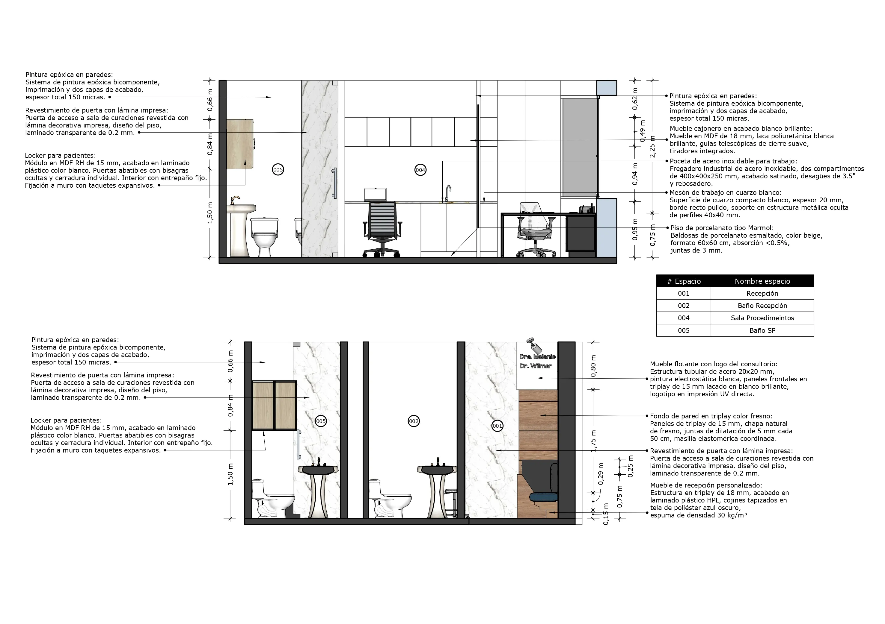 Corte arquitectónico de remodelación de consultorio médico en Torre de Consumedicos Cali