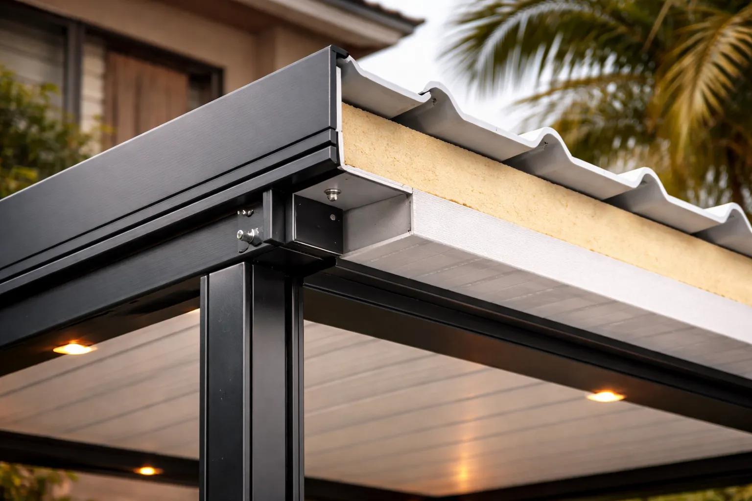 Detalle de cubierta teja sándwich en pérgola metálica — vista inferior del sistema de aislamiento térmico integrado en Cali