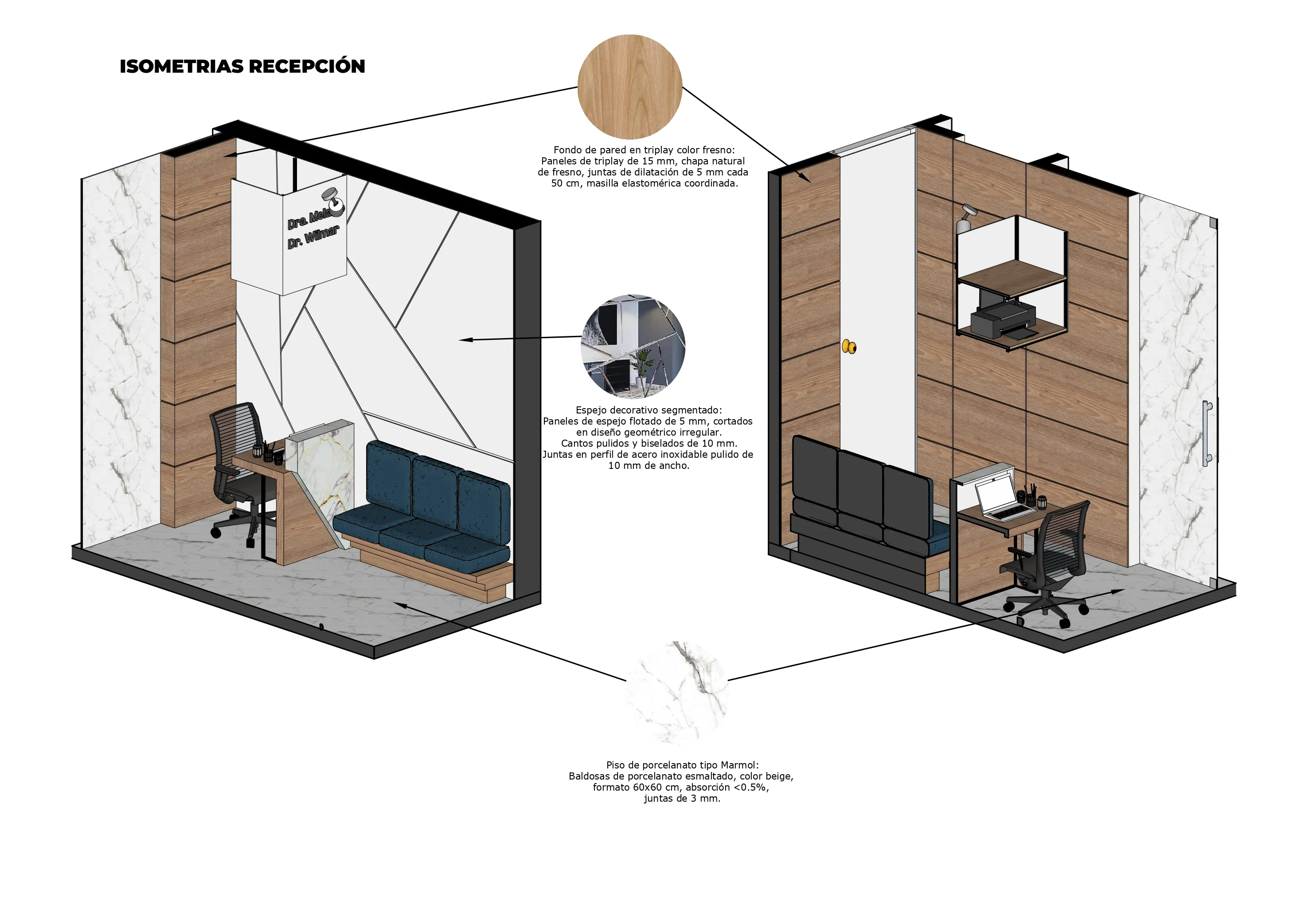 Detalle de materiales y acabados especificados para consultorio médico en Cali — CAMARK Projects