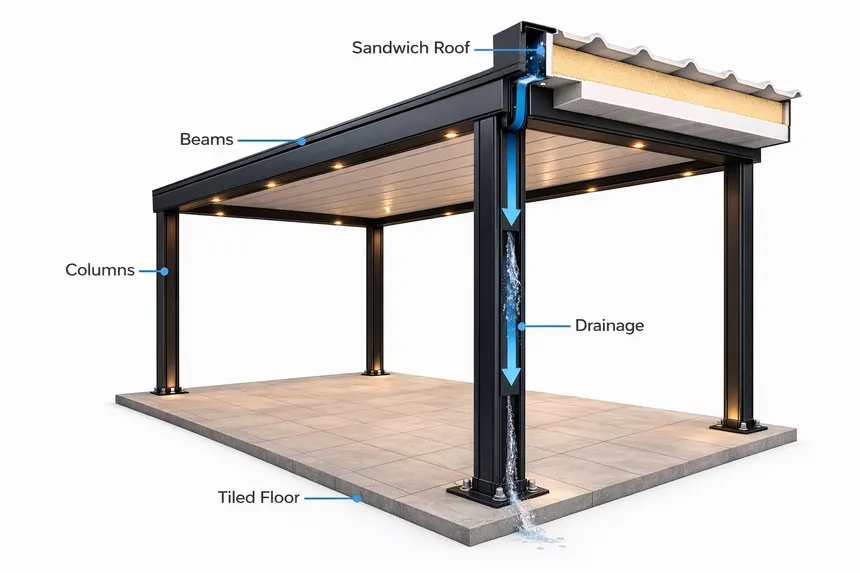 Diagrama del sistema completo de pérgola metálica — estructura, cubierta sándwich, canal de drenaje y piso enchapado