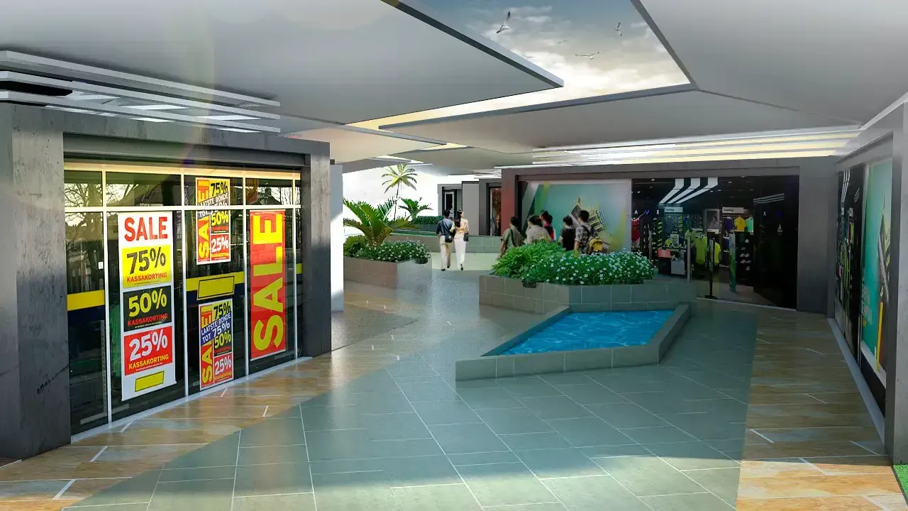Render interior de mall comercial en Cali — diseño de centros comerciales con circulaciones amplias y espacios de interacción por CAMARK