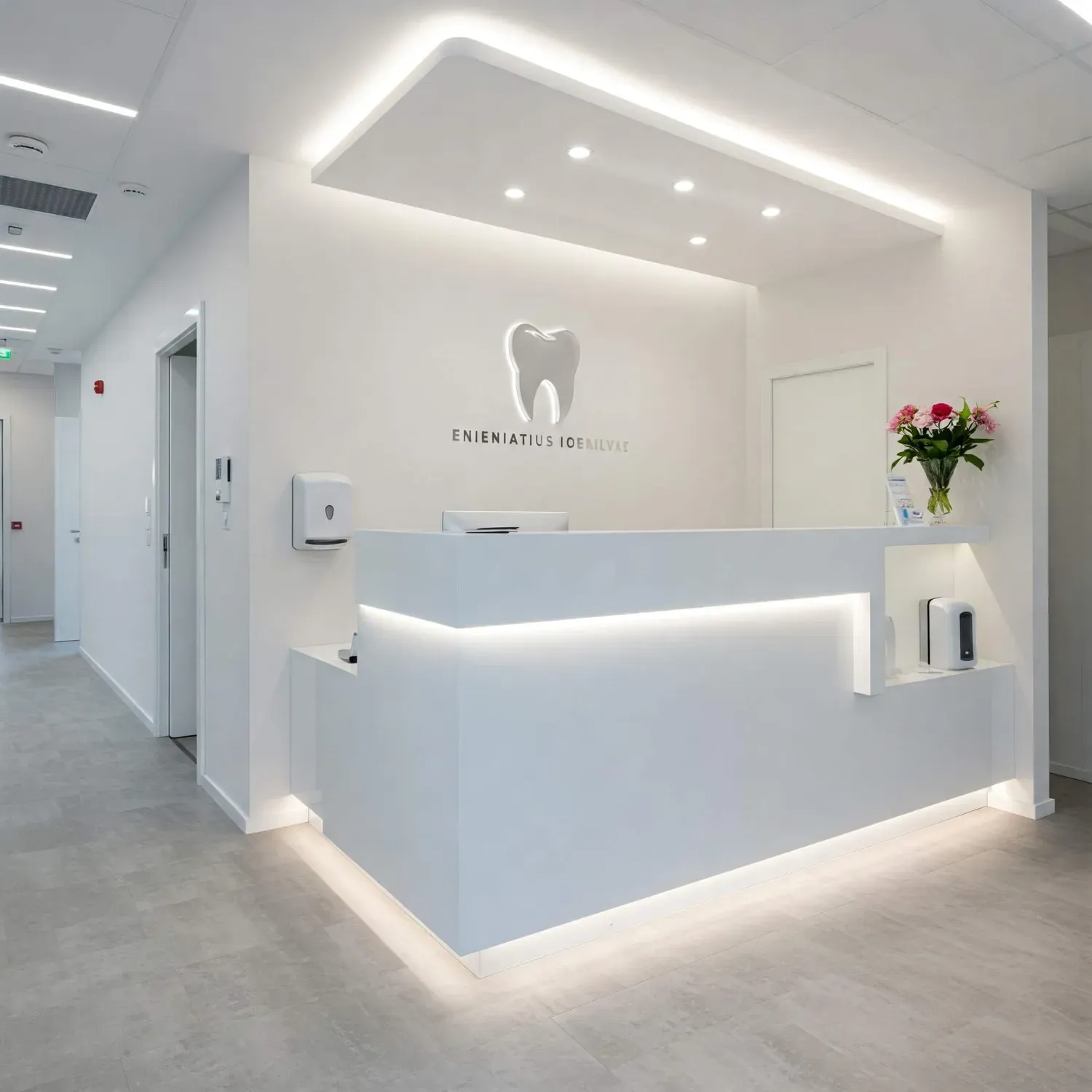 Recepción de clínica dental moderna en Cali con iluminación estratégica y materiales que cumplen normativa sanitaria