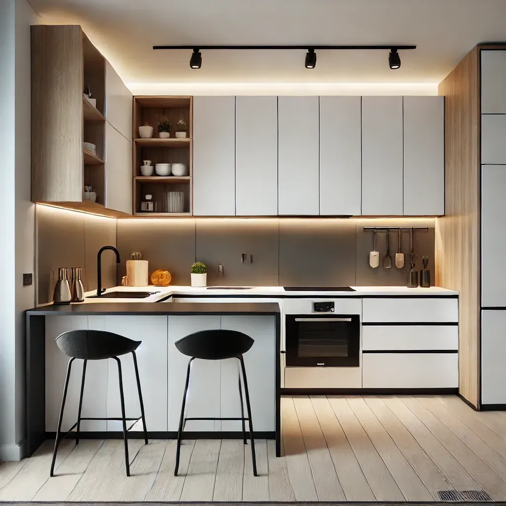 Cocina moderna minimalista en apartamento de Cali: diseño compacto y funcional con acabados en blanco y tonos madera