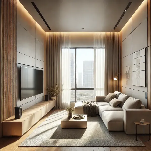 Sala de estar moderna en apartamento pequeño en Cali con estética minimalista y paleta de colores neutros