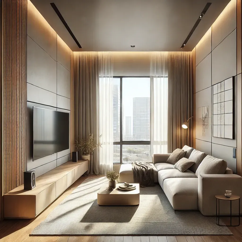 Sala de estar moderna en apartamento pequeño en Cali con estética minimalista y paleta de colores neutros