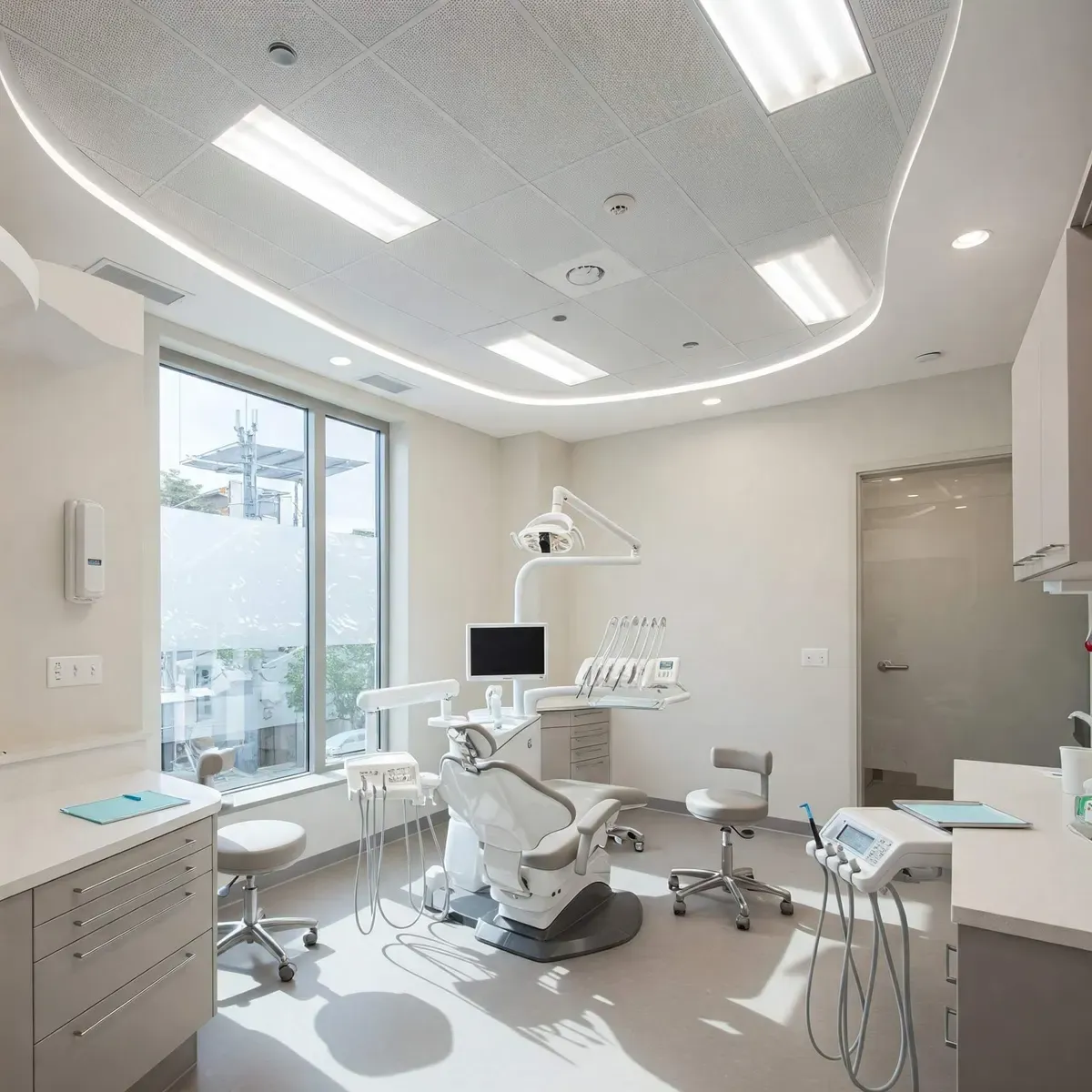 Sistema de iluminación estratégica en consultorio dental que combina luz natural y artificial para mejorar la precisión clínica