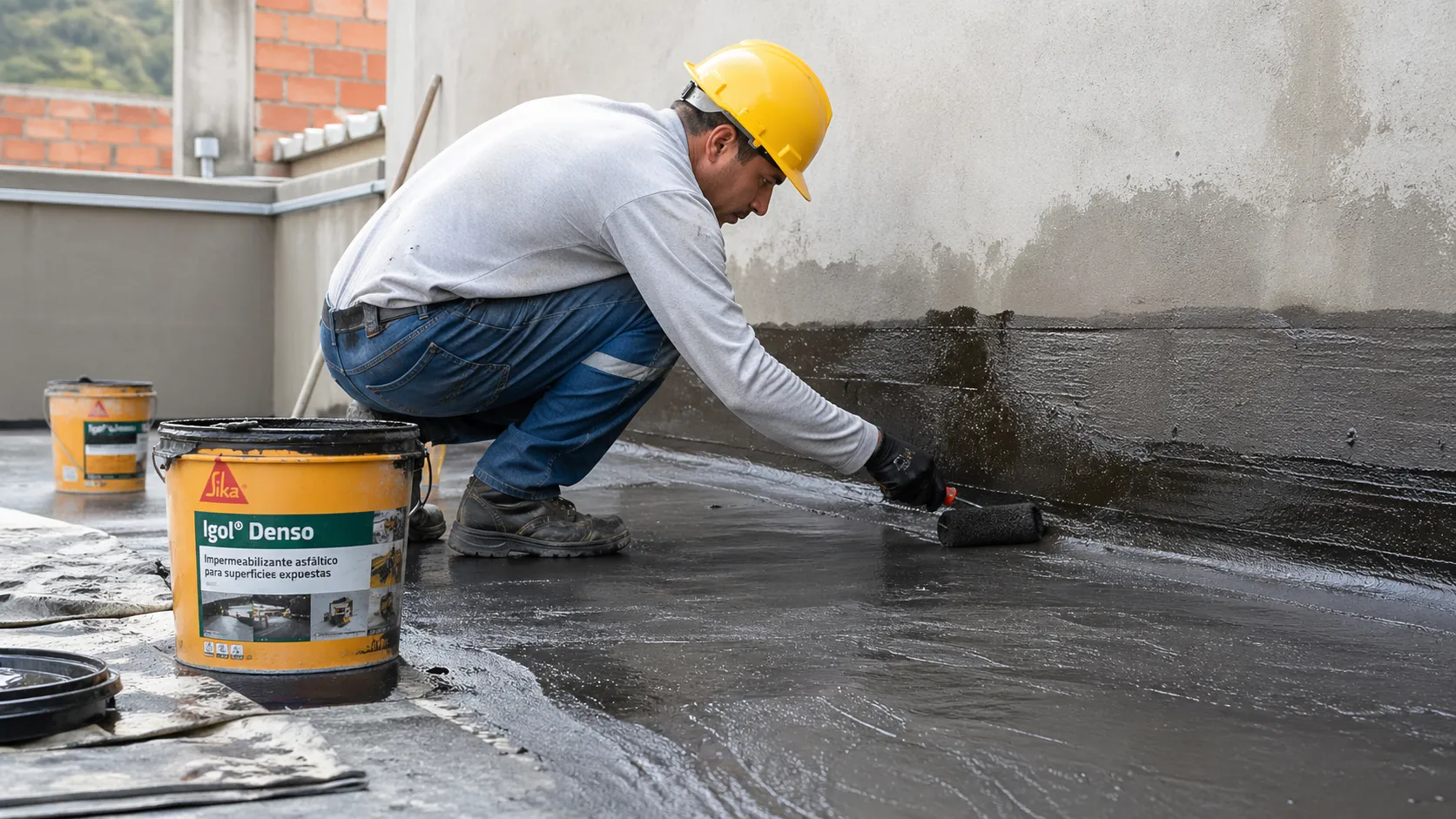 Aplicación de impermeabilización en terraza de obra civil en Cali con membrana y producto especializado sobre superficie de concreto