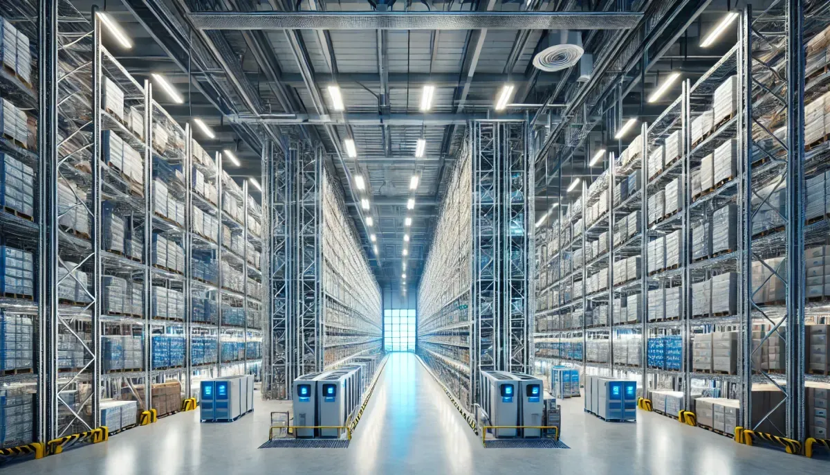 Interior de bodega industrial en Cali con estanterías de alta densidad e iluminación industrial optimizada