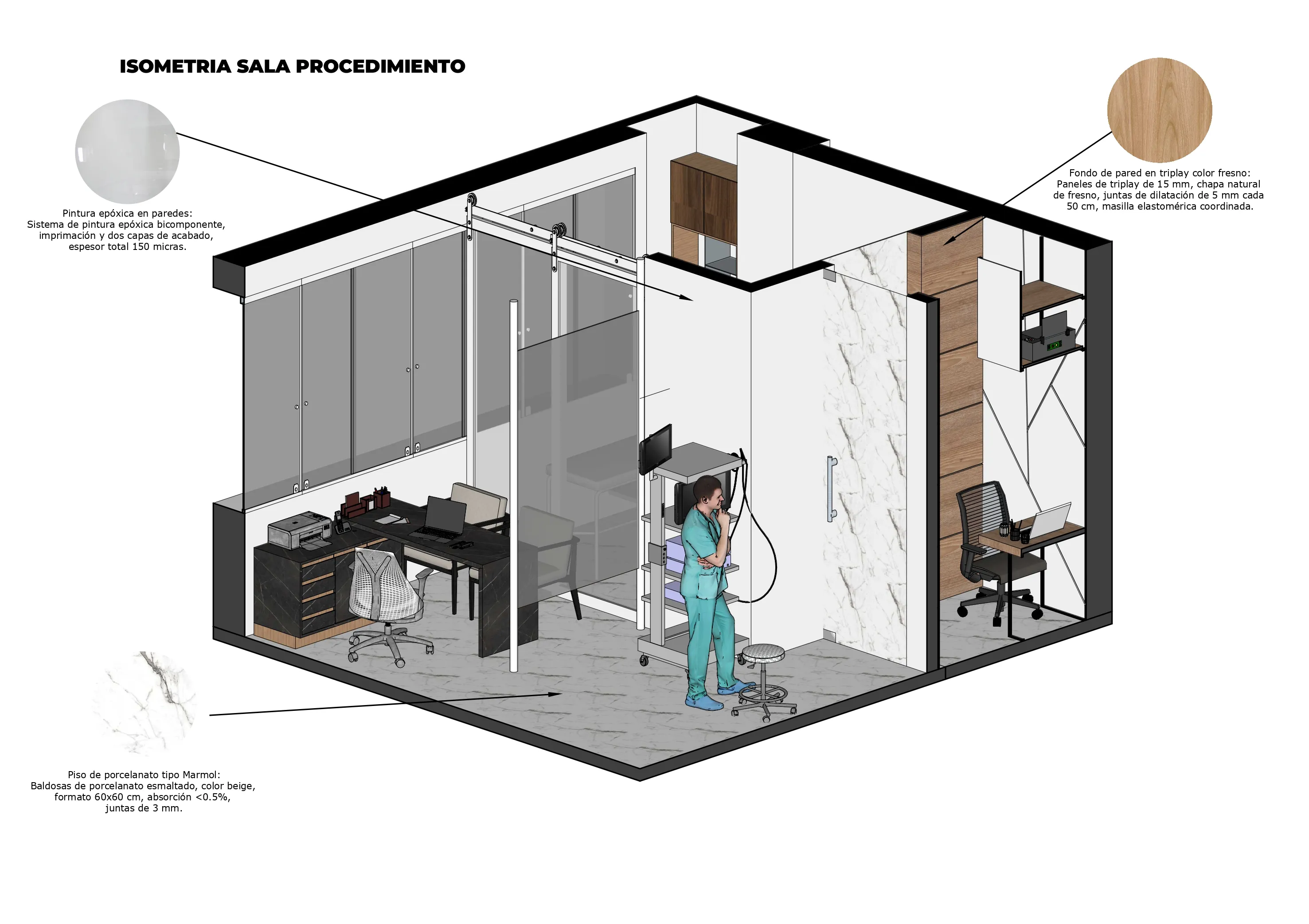 Vista isométrica de consultorio médico de 34 m² en Cali — distribución interior para dos especialidades médicas