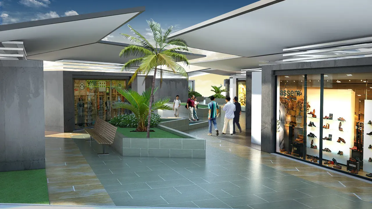 Diseño arquitectónico de mall comercial en Cali — render interior con circulaciones y espacios comunes por CAMARK Projects