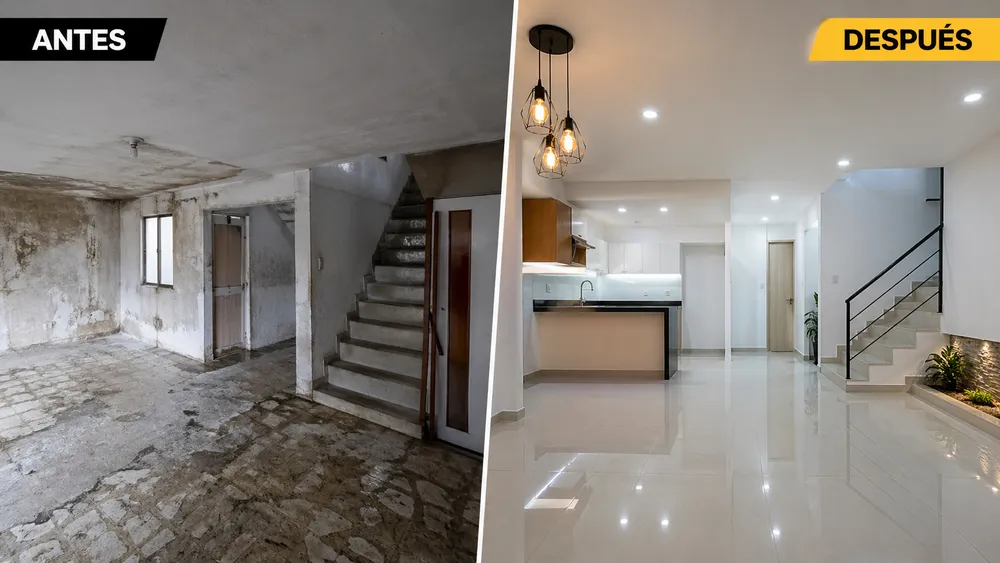 Transformación antes y después de obra civil y remodelación en Cali: espacio deteriorado convertido en vivienda moderna terminada