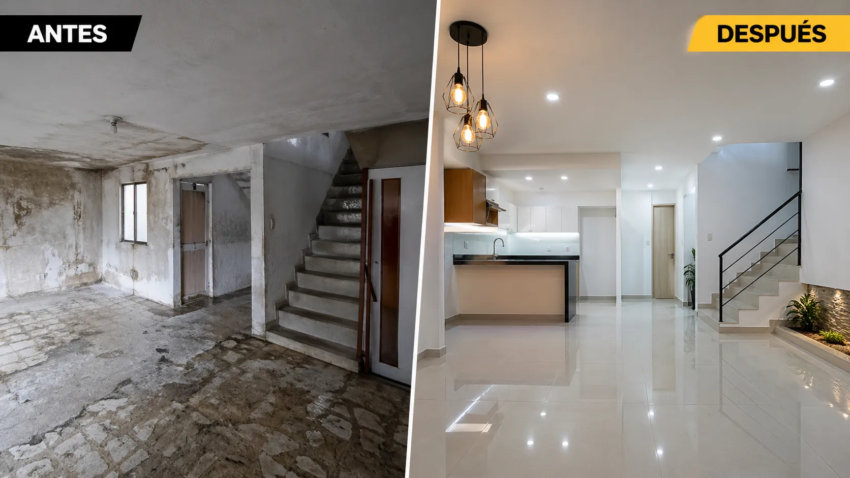 Transformación antes y después de obra civil y remodelación en Cali: espacio deteriorado convertido en vivienda moderna con acabados terminados
