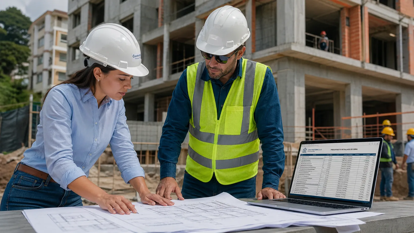 Equipo técnico de obra civil revisando planos y presupuesto en sitio de construcción en Cali y Jamundí