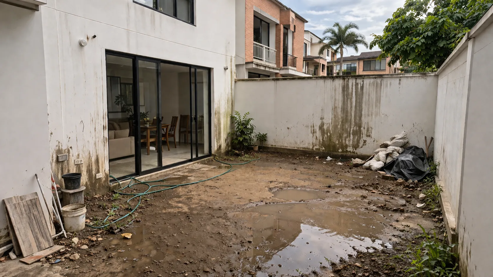 Patio sin cubierta antes de la pérgola — suelo expuesto, sin drenaje y sin uso real en casa de conjunto residencial