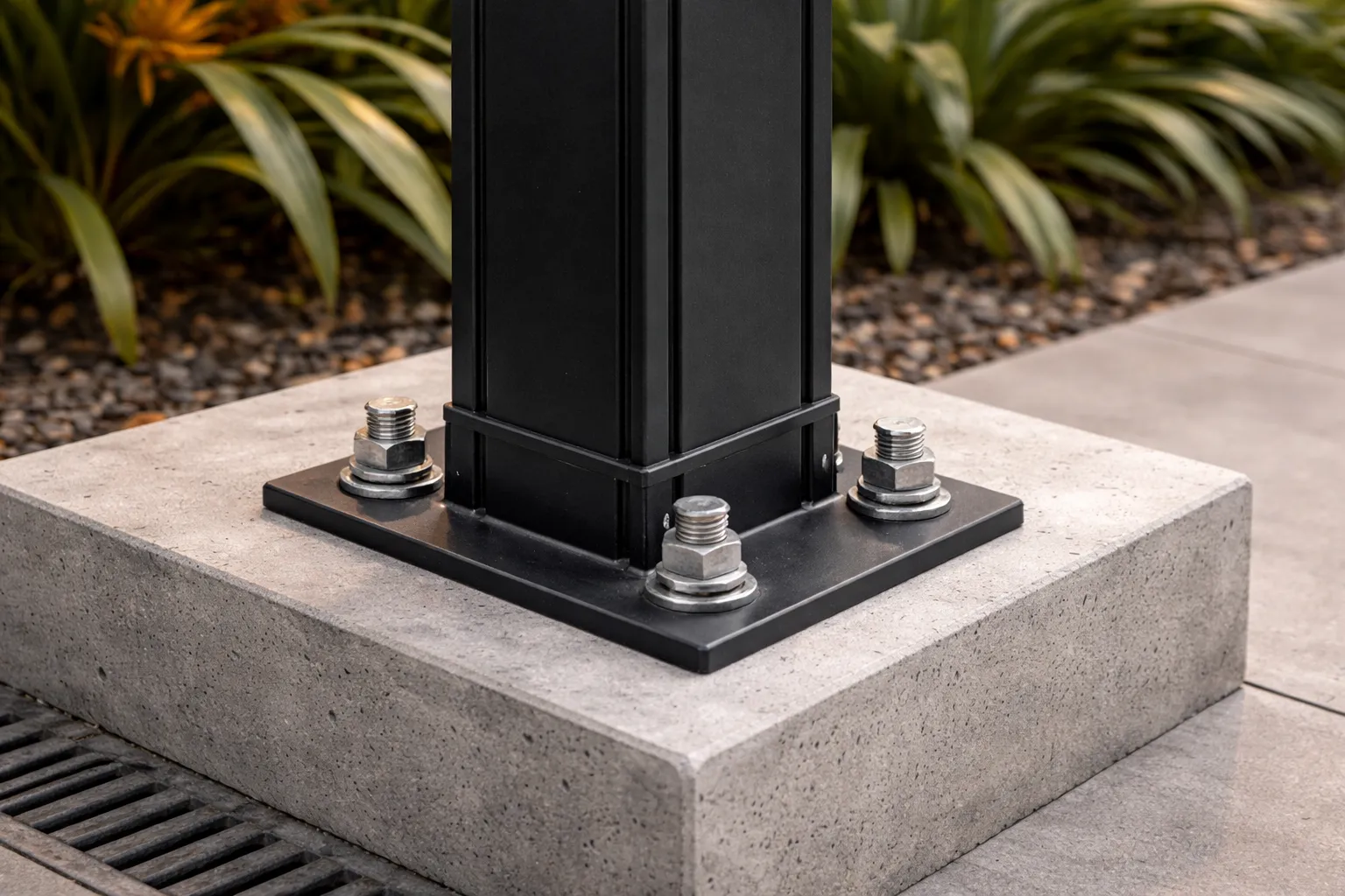 Pedestal de concreto para columna de pérgola metálica — base estructural con varilla corrugada que protege contra la oxidación