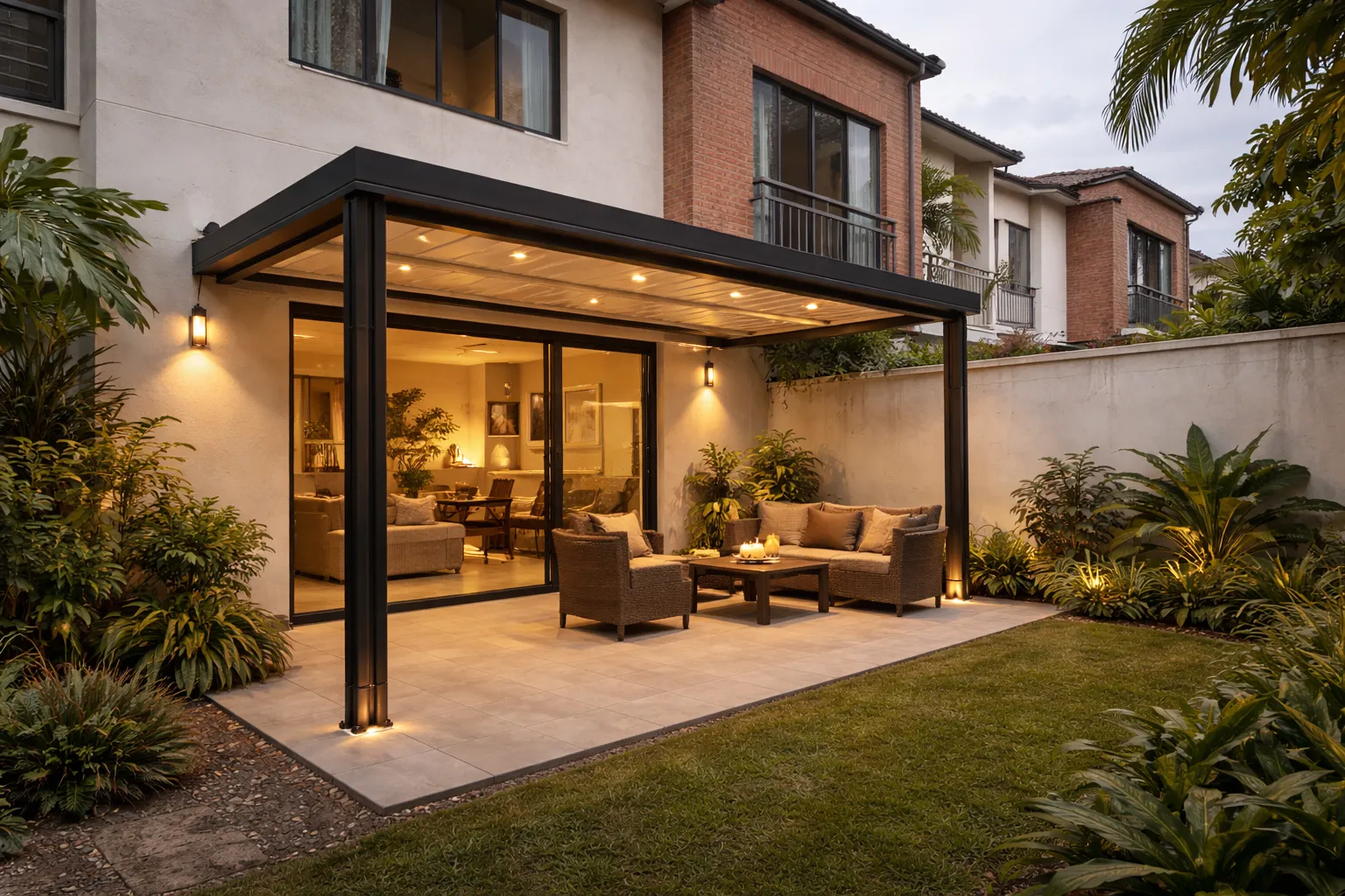 Pérgola adosada al muro de casa en Jamundí — estructura metálica anclada a fachada posterior con cubierta tipo sándwich