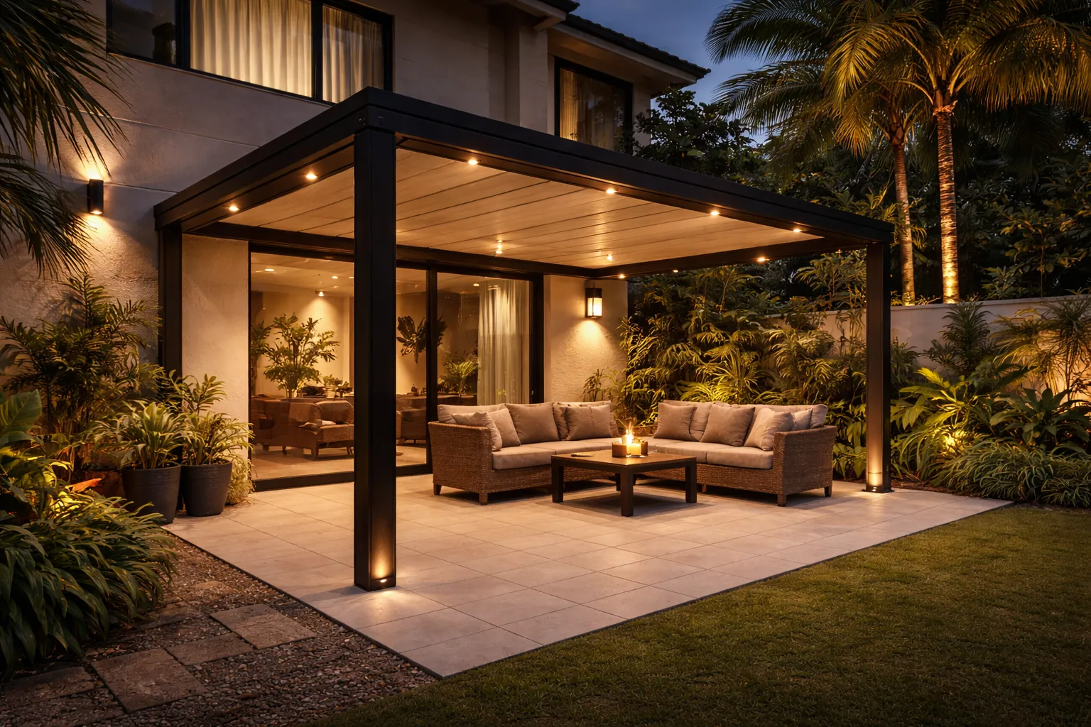 Pérgola metálica con iluminación LED nocturna integrada — luces empotradas en vigas que transforman el espacio exterior en la noche