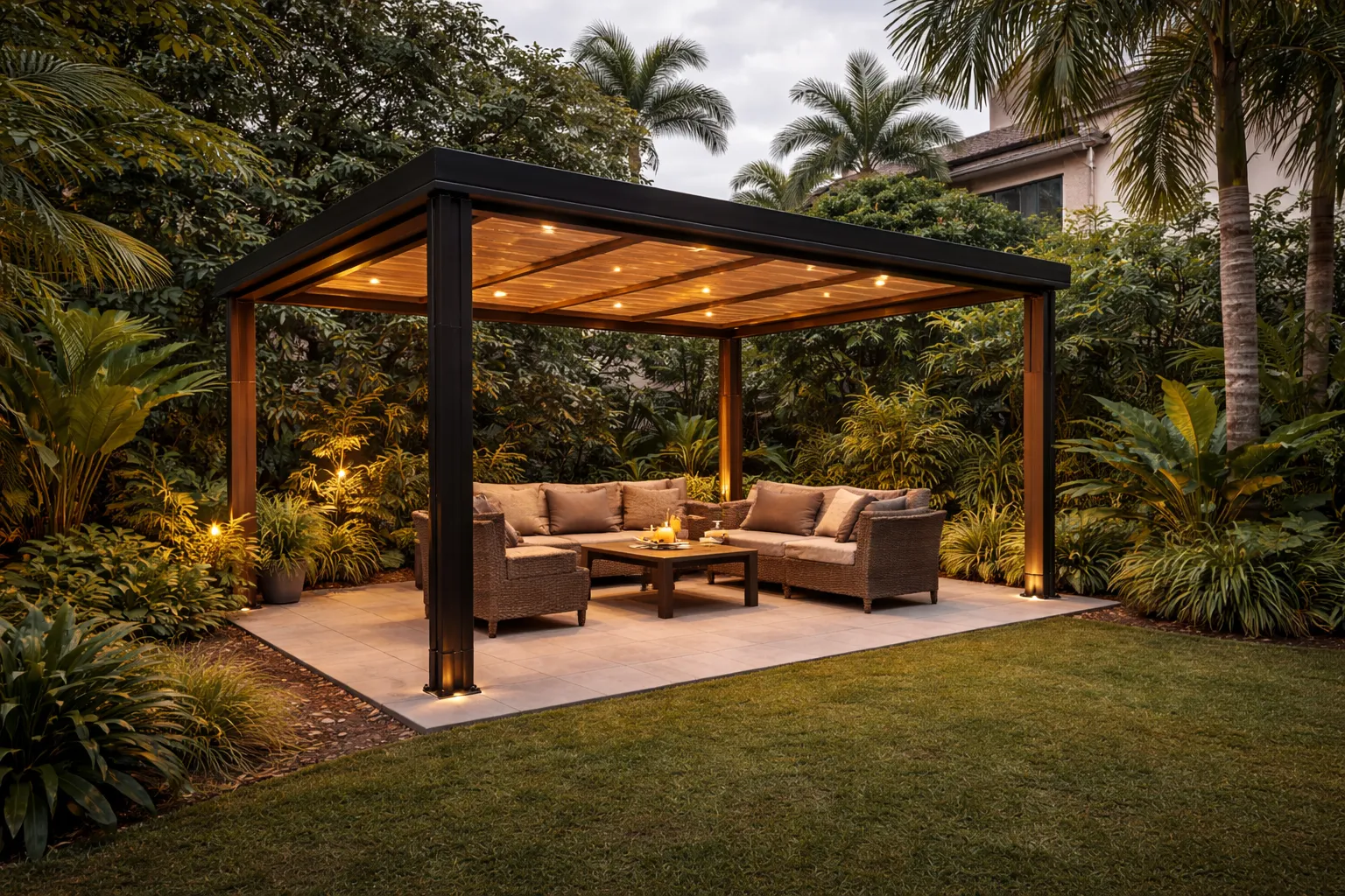 Pérgola independiente en jardín tropical — estructura metálica de cuatro columnas integrada con vegetación en patio exterior de Jamundí