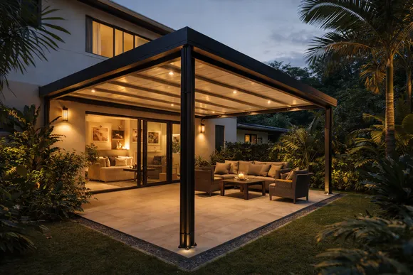Pérgola metálica en patio exterior de casa en Cali — diseño con estructura cuadrada, cubierta tipo sándwich y piso enchapado