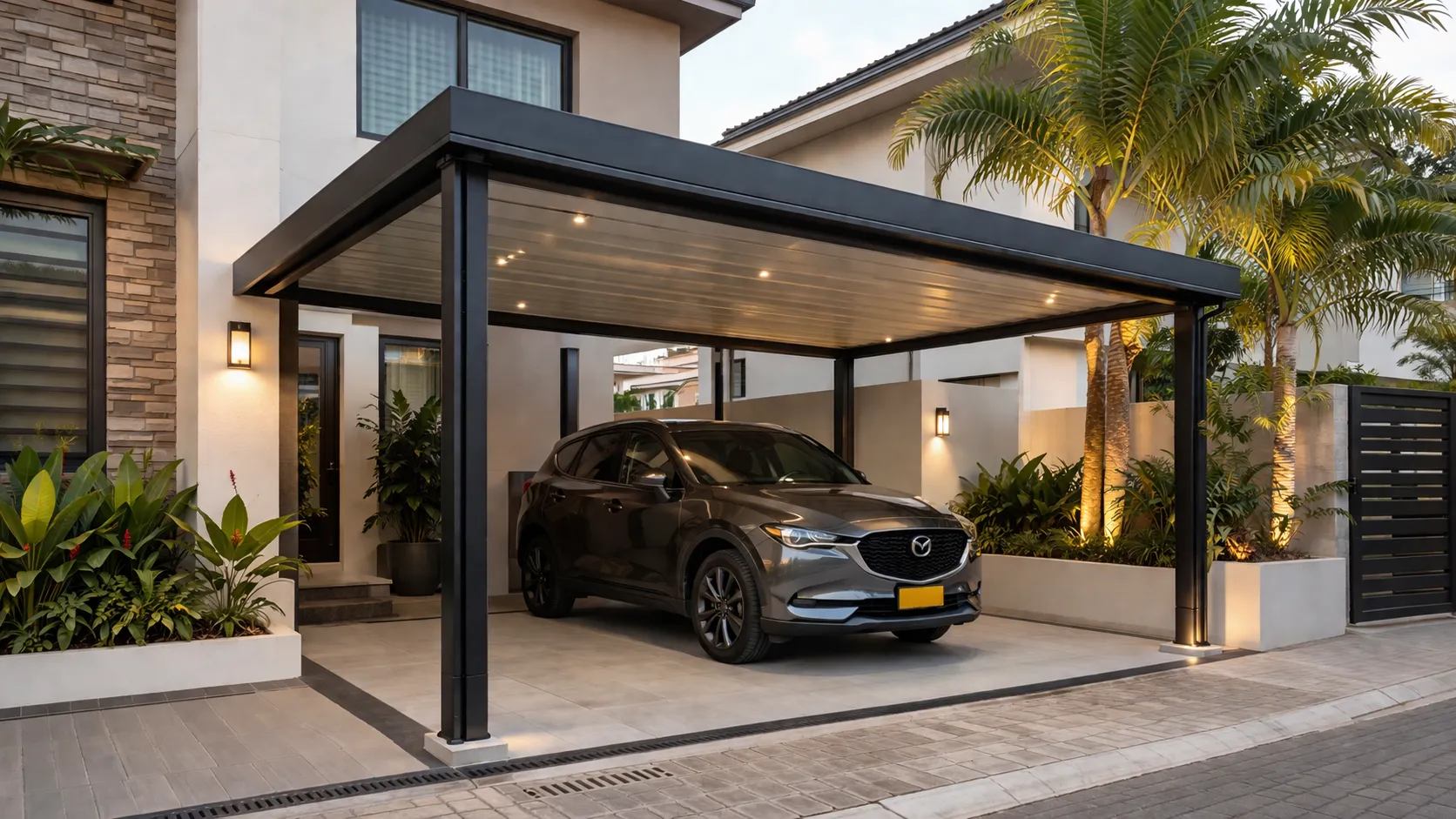 Estructura metálica de pérgola para parqueadero cubierto — columnas en perfil cuadrado con cubierta metálica en Cali