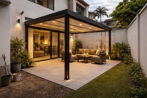 Terraza con pérgola metálica terminada en Cali y Jamundí — transformación de patio a espacio social cubierto con piso enchapado