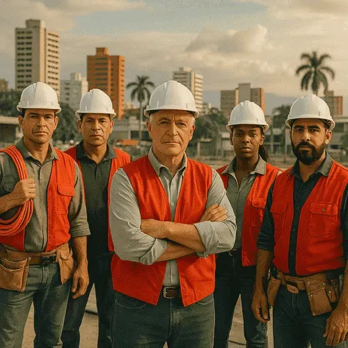 Personal técnico calificado en obra de construcción en Cali verificando cumplimiento de licencia ante Curaduría Urbana