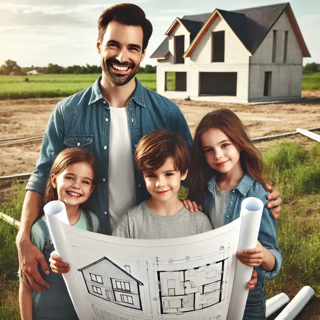 Familia feliz revisando planos arquitectónicos en lote vacío, planificando la construcción de su casa en Cali