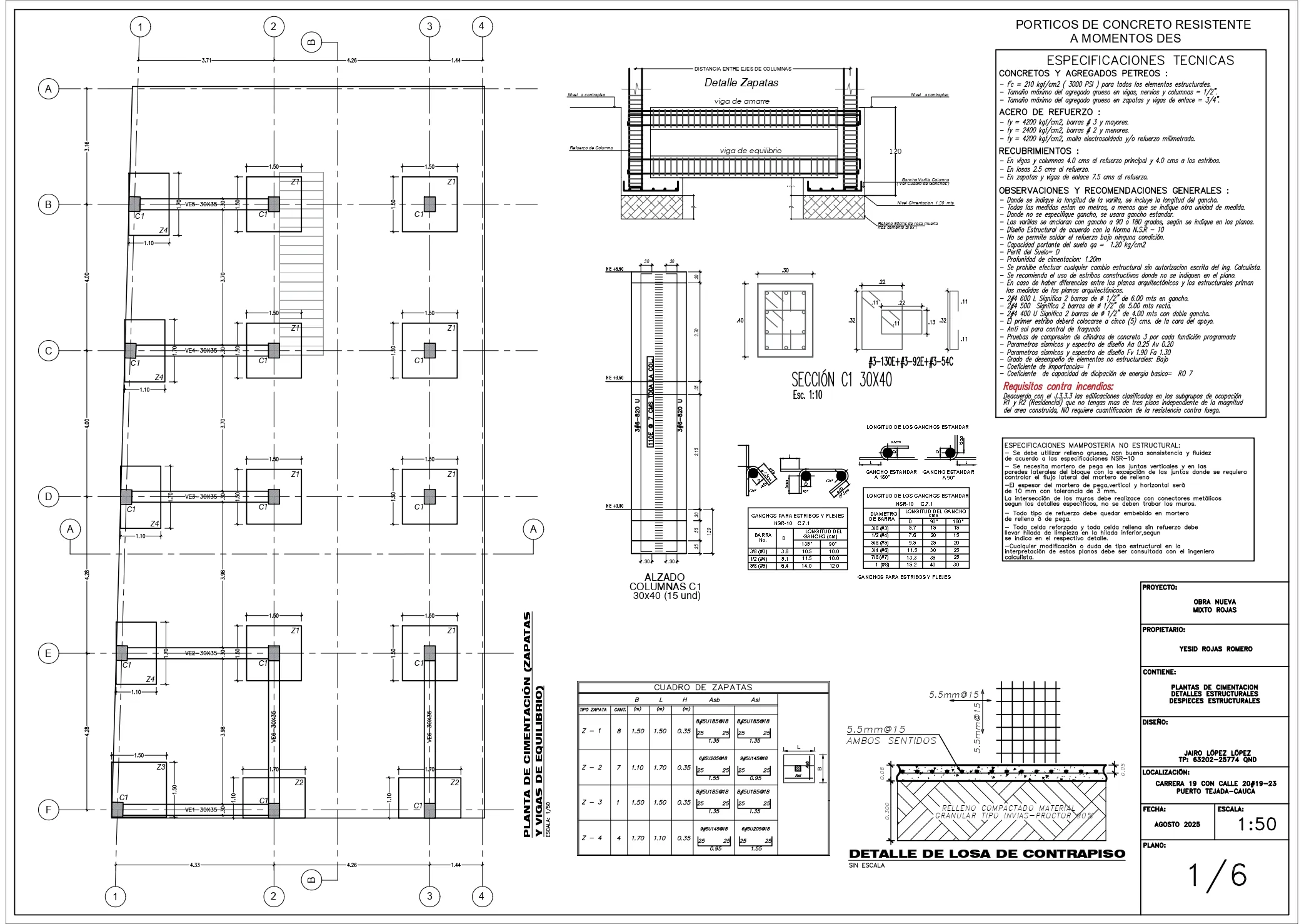 Plano de cimentación del proyecto mixto en Puerto Tejada