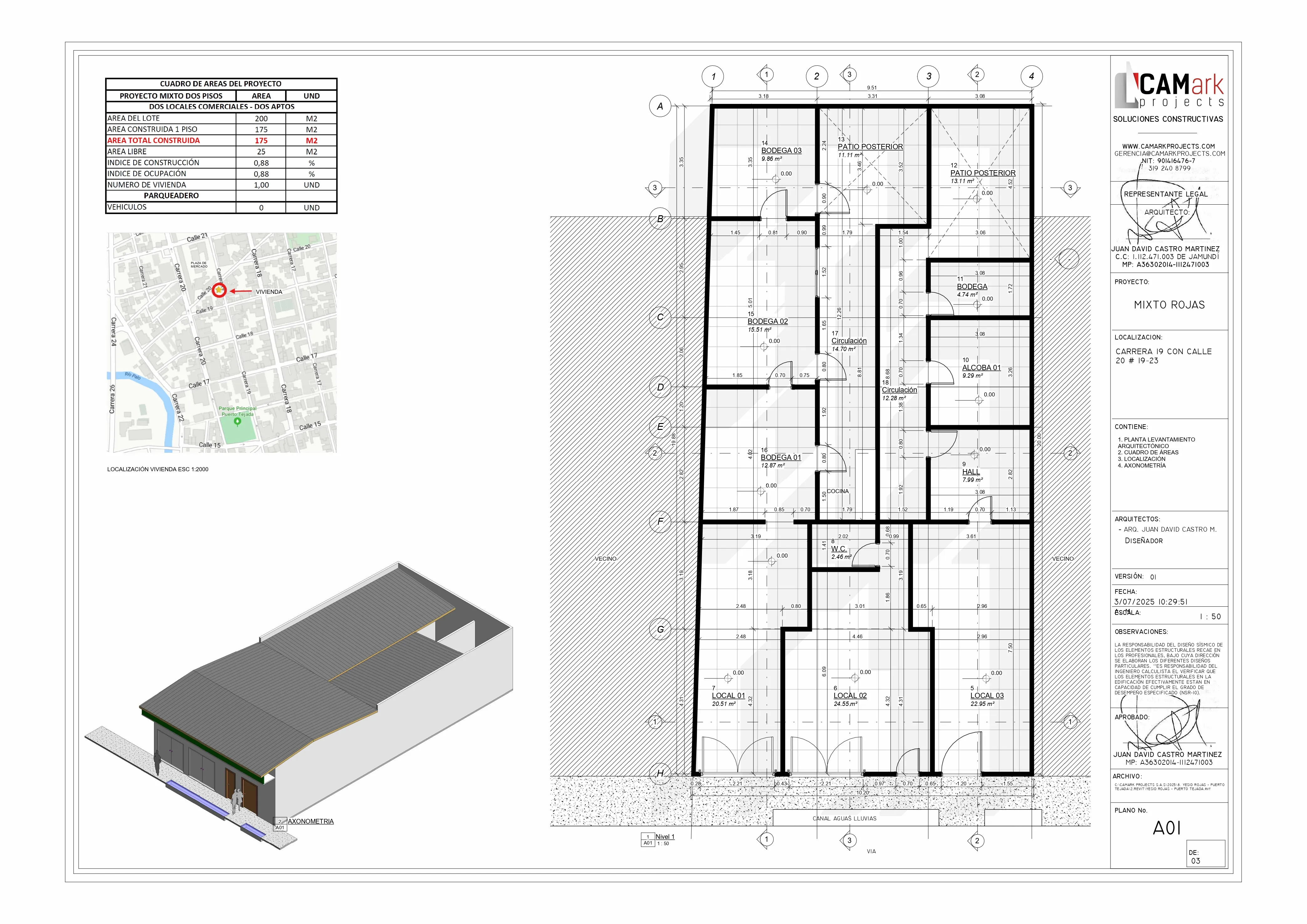 Plano de levantamiento arquitectónico del proyecto Puerto Tejada