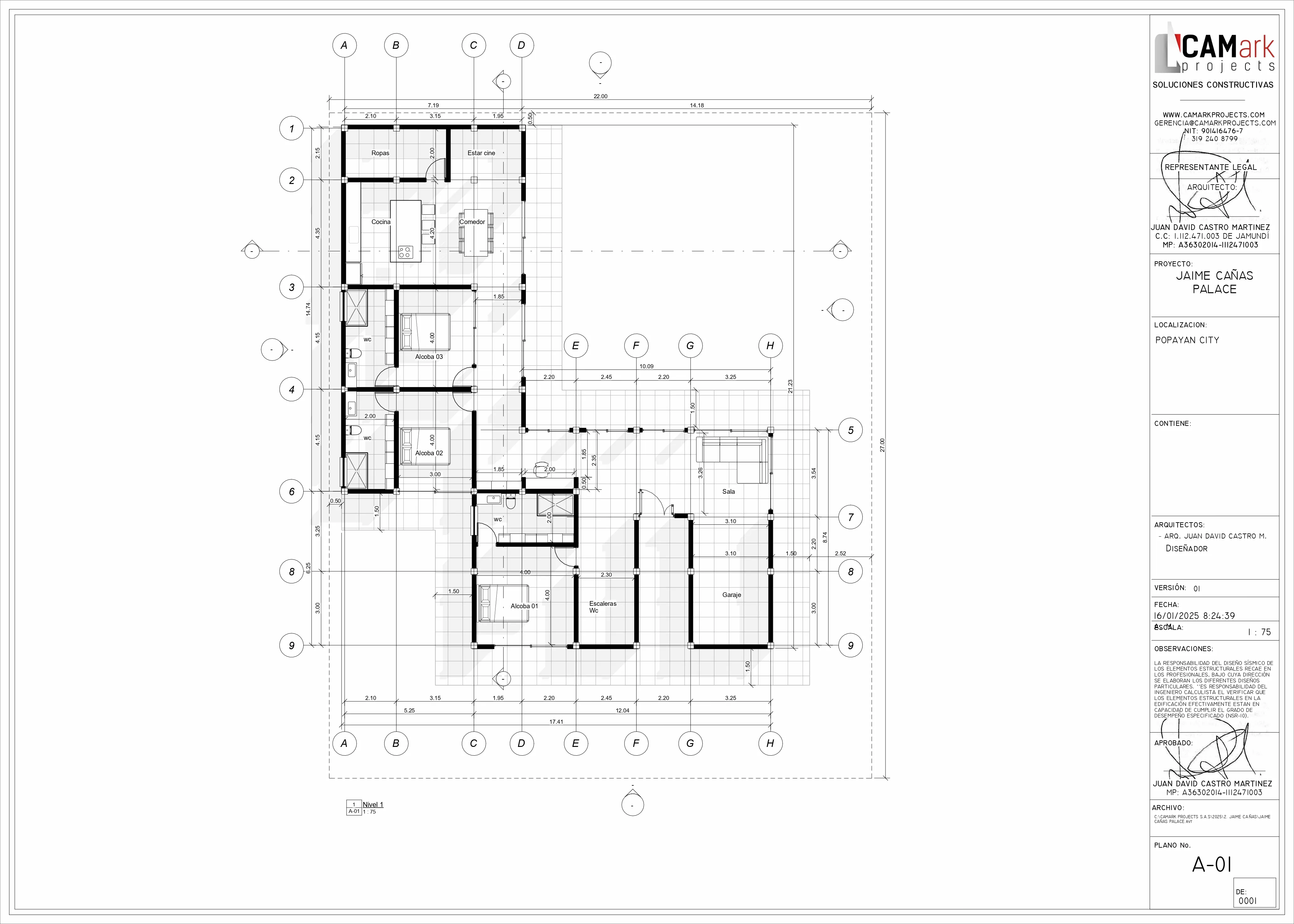 Plano arquitectónico primer nivel de casa campestre moderna de dos pisos — diseño CAMARK Projects