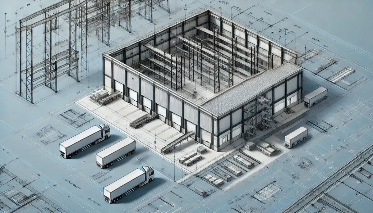 Planos y render 3D de bodega industrial en Cali mostrando elementos estructurales y materiales constructivos