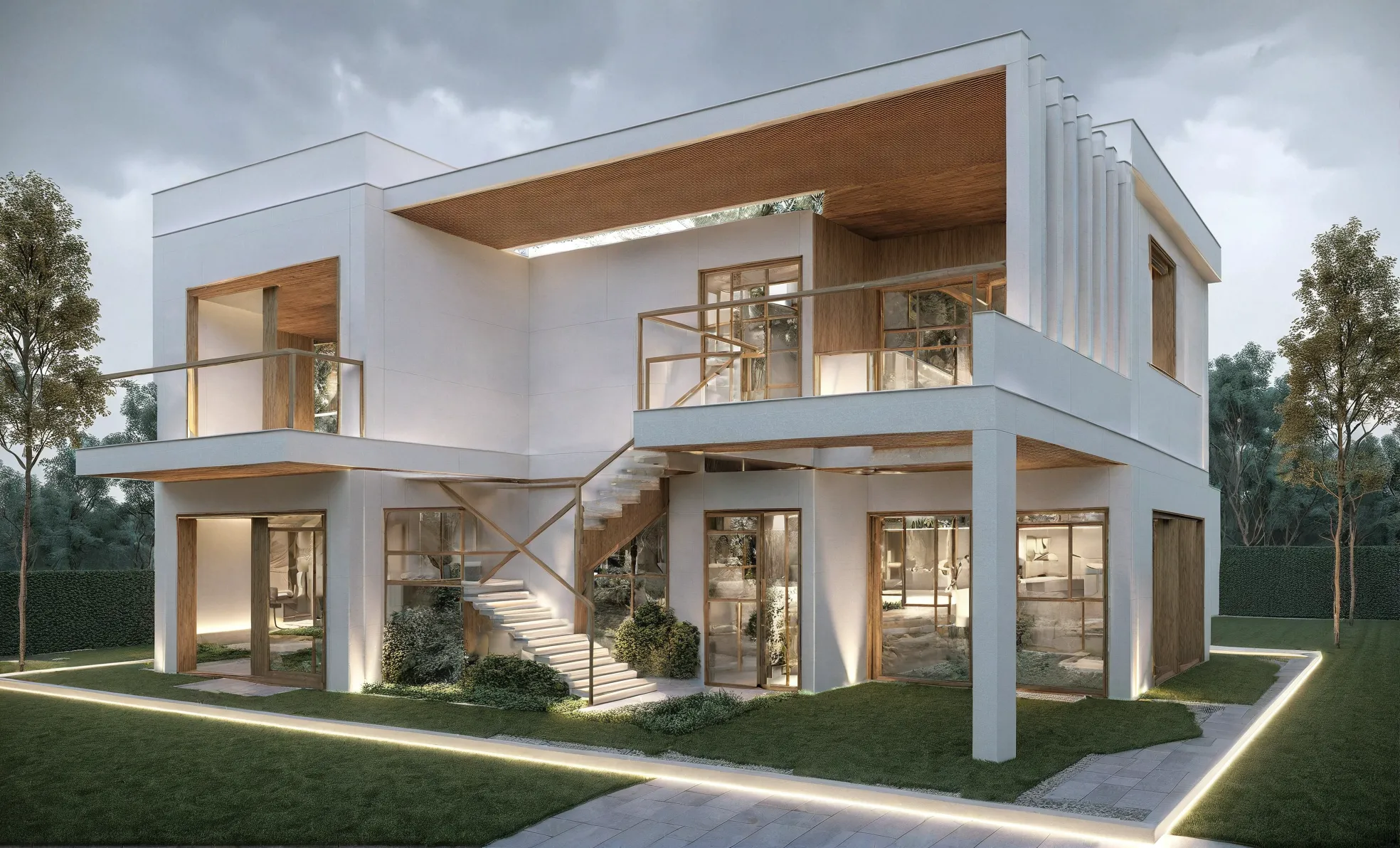 Perspectiva exterior de diseño de casa campestre moderna con piscina — render del proyecto completo