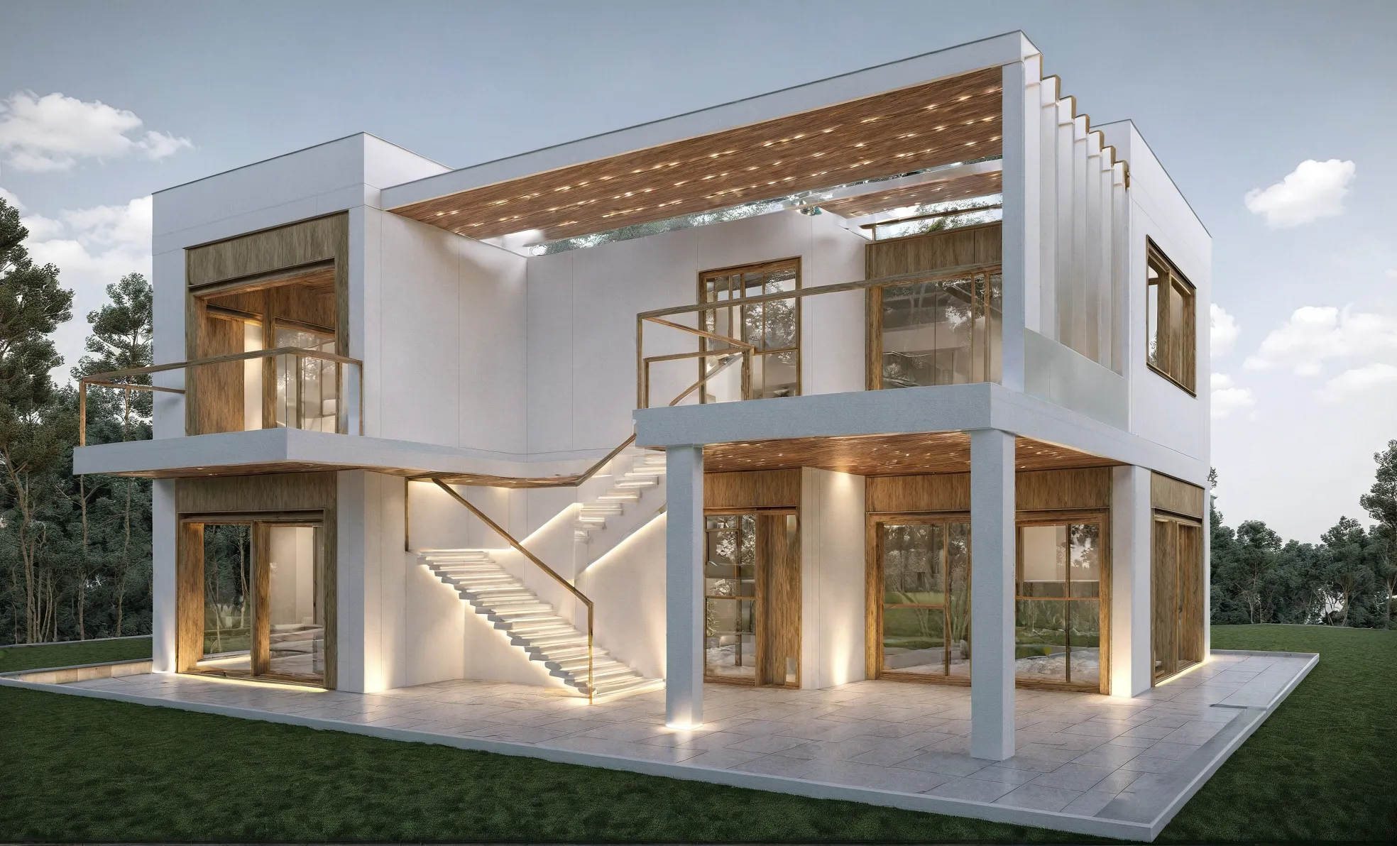 Vista de diseño de casa campestre moderna de dos pisos — perspectiva del proyecto completo proyectado