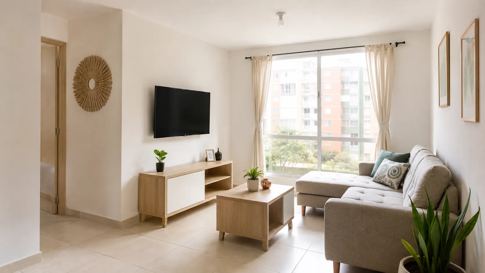Salón minimalista en tonos neutros — apartamento remodelado en Cali