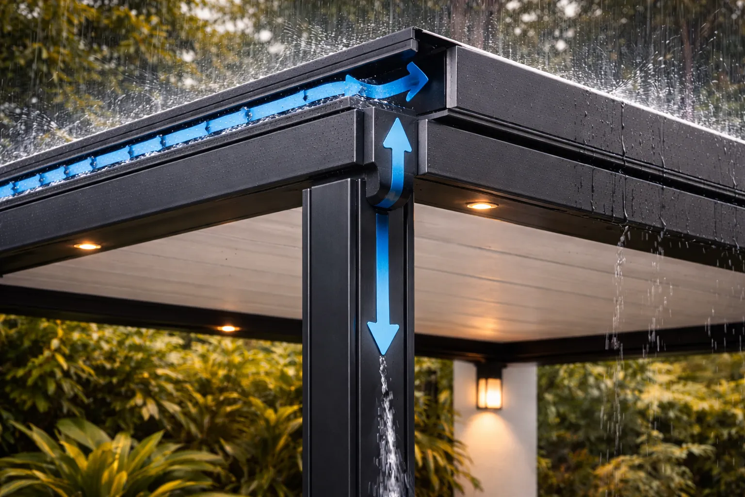 Sistema de drenaje de pérgola metálica — canal de aguas lluvias y bajante oculto dentro de columna estructural