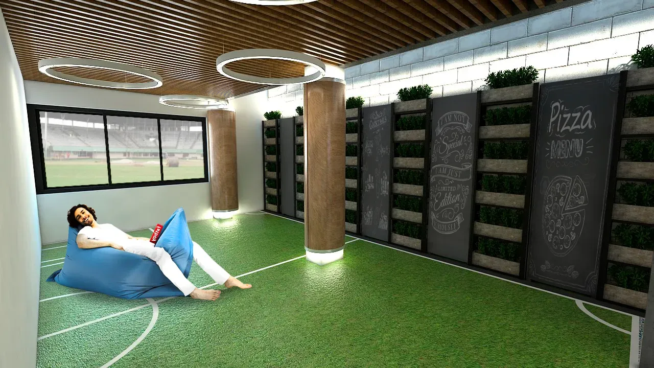 Zona de descanso para empleados dentro de restaurante temático en Cali — doble función comedor y área de pausa